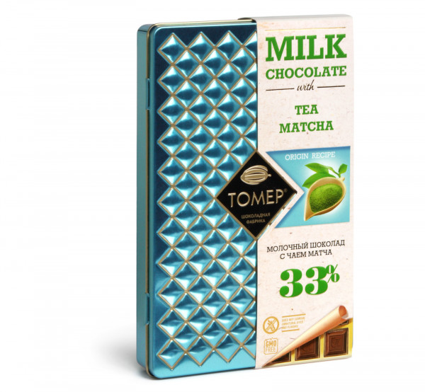 №1 Фабрика Томер металлический бокс Молочный шоколад с чаем МАТЧА ,33%  90г в Краснокаменске